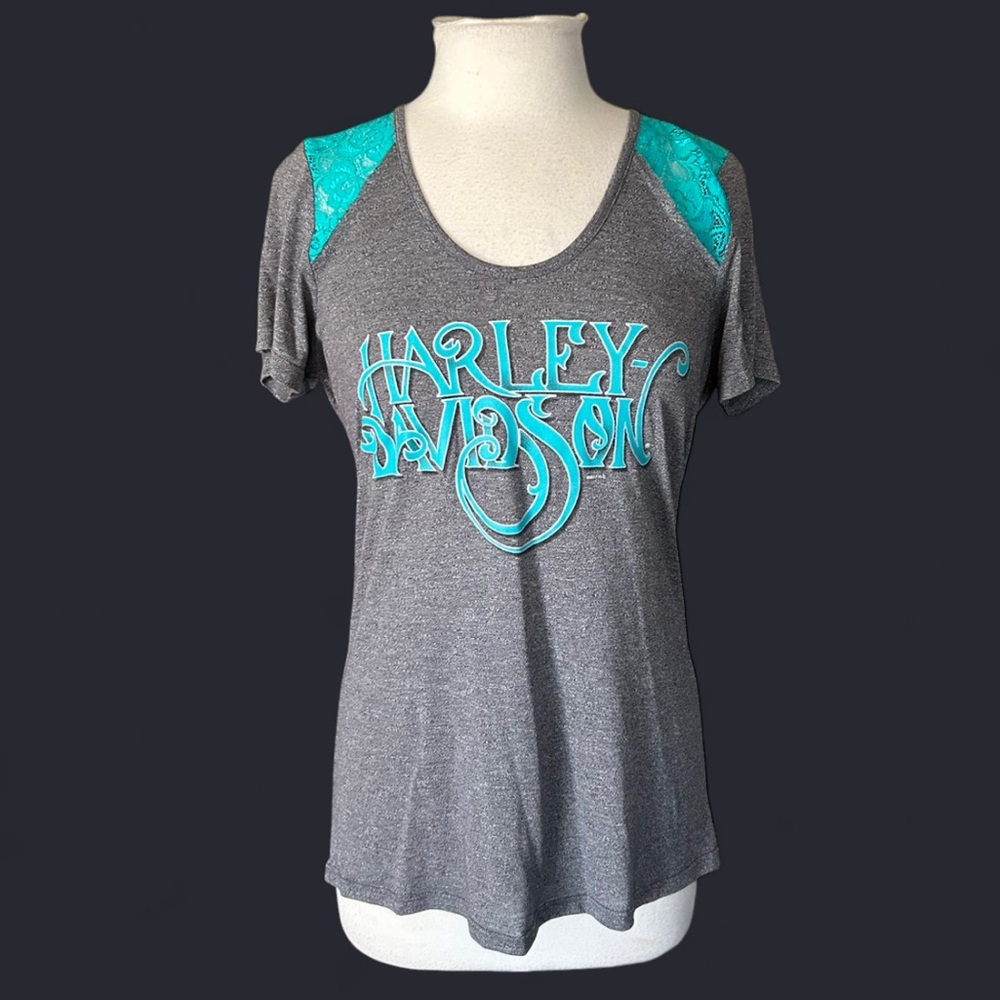 Grey Harley Davidson short sleeve T-shirt with turquoise blue lace